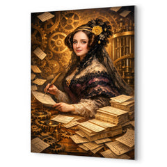 Ada Lovelace among punched cards and mechanical cogs metal print mockup