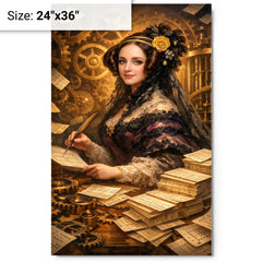 Ada Lovelace among punched cards and mechanical cogs metal print on a plain backdrop in size 24"x36".