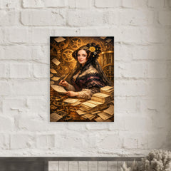 Ada Lovelace among punched cards and mechanical cogs metal print mockup