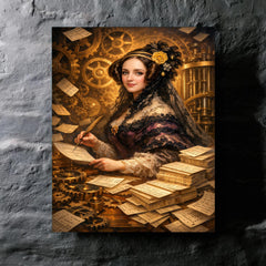 Ada Lovelace among punched cards and mechanical cogs metal print mockup
