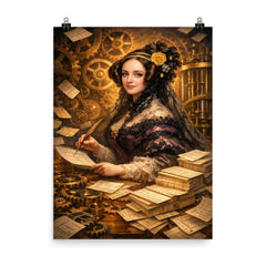 Ada Lovelace among punched cards and mechanical cogs poster on a plain backdrop in size 8"x10".