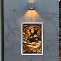 Ada Lovelace among punched cards and mechanical cogs poster 2