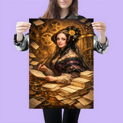 Ada Lovelace among punched cards and mechanical cogs poster 3