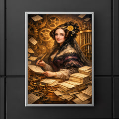 Ada Lovelace among punched cards and mechanical cogs poster 5