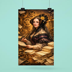 Ada Lovelace among punched cards and mechanical cogs poster 6