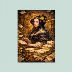 Ada Lovelace among punched cards and mechanical cogs poster 8