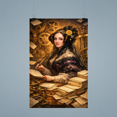 Ada Lovelace among punched cards and mechanical cogs poster 9