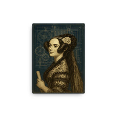 Ada Lovelace analytical engine blueprint portrait canvas print on a plain backdrop in size 12"x16".