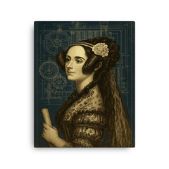 Ada Lovelace analytical engine blueprint portrait canvas print on a plain backdrop in size 16"x20".