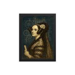 Ada Lovelace analytical engine blueprint portrait framed print on a plain backdrop in size 12"x16".