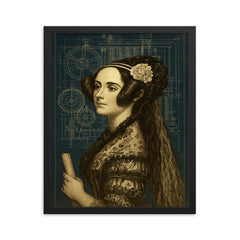 Ada Lovelace analytical engine blueprint portrait framed print on a plain backdrop in size 16"x20".