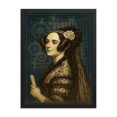 Ada Lovelace analytical engine blueprint portrait framed print on a plain backdrop in size 18"x24".