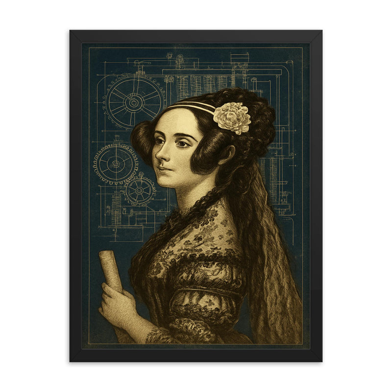 Ada Lovelace analytical engine blueprint portrait framed print on a plain backdrop in size 18
