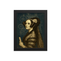 Ada Lovelace analytical engine blueprint portrait framed print on a plain backdrop in size 8"x10".