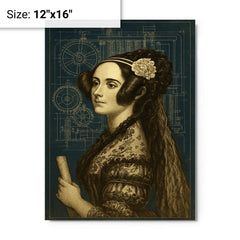 Ada Lovelace analytical engine blueprint portrait metal print on a plain backdrop in size 12"x16".