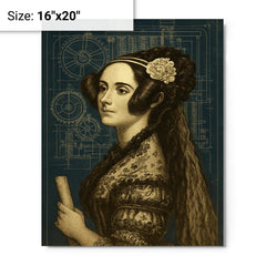 Ada Lovelace analytical engine blueprint portrait metal print on a plain backdrop in size 16"x20".
