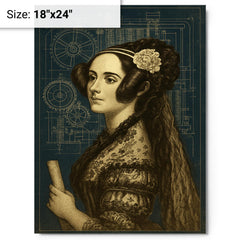 Ada Lovelace analytical engine blueprint portrait metal print on a plain backdrop in size 18"x24".