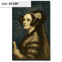Ada Lovelace analytical engine blueprint portrait metal print on a plain backdrop in size 24"x36".