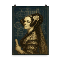Ada Lovelace analytical engine blueprint portrait poster on a plain backdrop in size 8"x10".