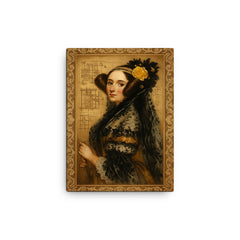 Ada Lovelace engine diagrams and lace canvas print on a plain backdrop in size 12"x16".