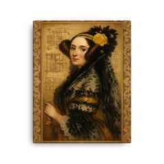 Ada Lovelace engine diagrams and lace canvas print on a plain backdrop in size 16"x20".