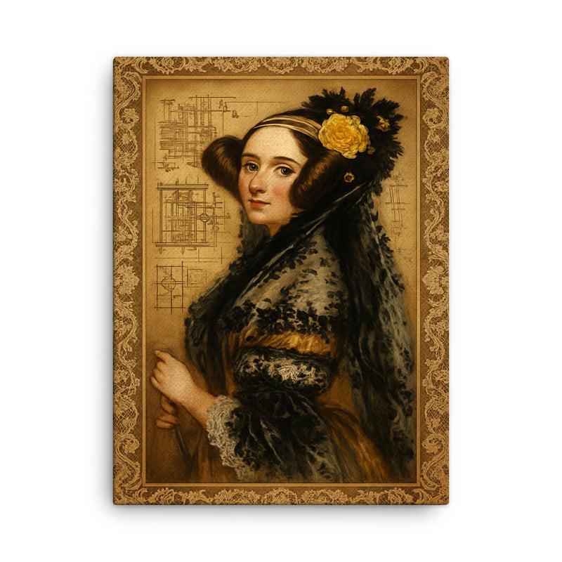 Ada Lovelace engine diagrams and lace canvas print on a plain backdrop in size 18