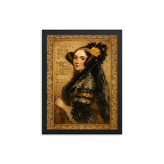 Ada Lovelace engine diagrams and lace framed print on a plain backdrop in size 12"x16".