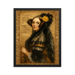 Ada Lovelace engine diagrams and lace framed print on a plain backdrop in size 16"x20".