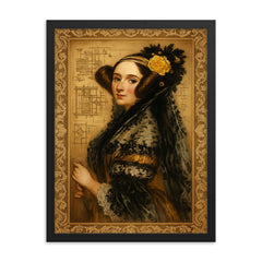 Ada Lovelace engine diagrams and lace framed print on a plain backdrop in size 18"x24".