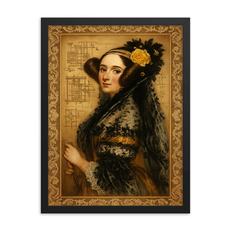 Ada Lovelace engine diagrams and lace framed print on a plain backdrop in size 18