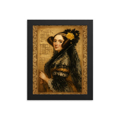 Ada Lovelace engine diagrams and lace framed print on a plain backdrop in size 8"x10".