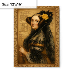 Ada Lovelace engine diagrams and lace metal print on a plain backdrop in size 12"x16".