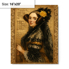Ada Lovelace engine diagrams and lace metal print on a plain backdrop in size 16"x20".