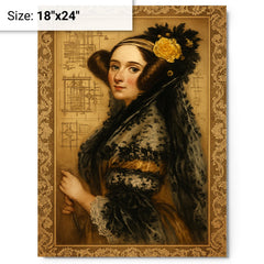 Ada Lovelace engine diagrams and lace metal print on a plain backdrop in size 18"x24".