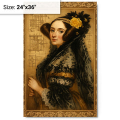 Ada Lovelace engine diagrams and lace metal print on a plain backdrop in size 24"x36".