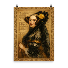Ada Lovelace engine diagrams and lace poster on a plain backdrop in size 8"x10".