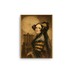 Ada Lovelace mechanical engine and celestial charts canvas print on a plain backdrop in size 12"x16".