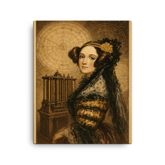 Ada Lovelace mechanical engine and celestial charts canvas print on a plain backdrop in size 16"x20".