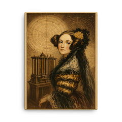 Ada Lovelace mechanical engine and celestial charts canvas print on a plain backdrop in size 18"x24".