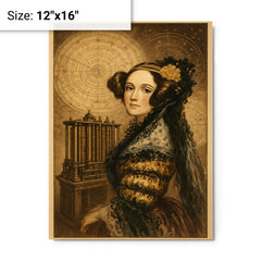 Ada Lovelace mechanical engine and celestial charts metal print on a plain backdrop in size 12"x16".
