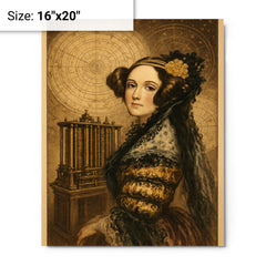 Ada Lovelace mechanical engine and celestial charts metal print on a plain backdrop in size 16"x20".