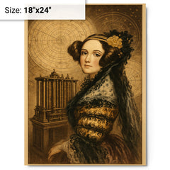 Ada Lovelace mechanical engine and celestial charts metal print on a plain backdrop in size 18"x24".