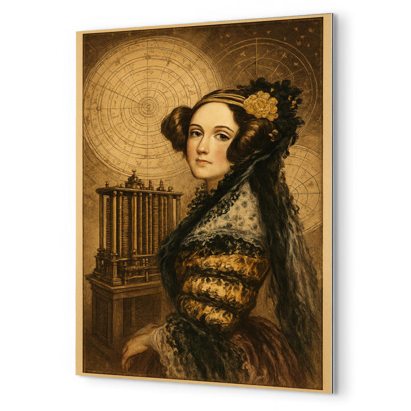 Ada Lovelace mechanical engine and celestial charts metal print mockup