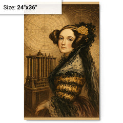 Ada Lovelace mechanical engine and celestial charts metal print on a plain backdrop in size 24"x36".