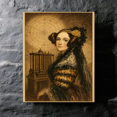 Ada Lovelace mechanical engine and celestial charts metal print mockup