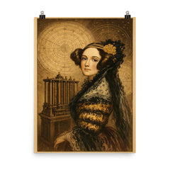 Ada Lovelace mechanical engine and celestial charts poster on a plain backdrop in size 8"x10".