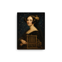 Ada Lovelace mechanical engine and constellation overlays canvas print on a plain backdrop in size 12"x16".