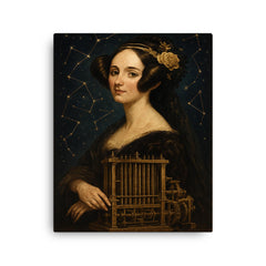 Ada Lovelace mechanical engine and constellation overlays canvas print on a plain backdrop in size 16"x20".