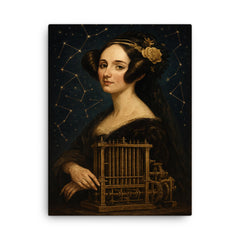 Ada Lovelace mechanical engine and constellation overlays canvas print on a plain backdrop in size 18"x24".