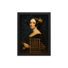 Ada Lovelace mechanical engine and constellation overlays framed print on a plain backdrop in size 12"x16".